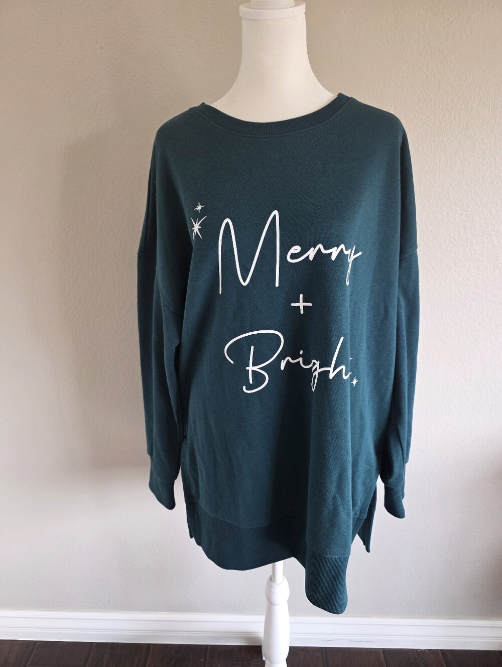Ellen Tracy Women Green Merry + Bright Christmas Sweatshirt Sweater Oversized XL